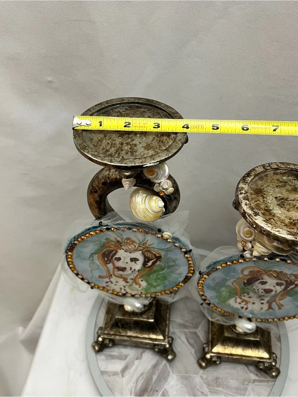 Set of 2 Coastal Dalmatian Dog Seashell Jeweled Candle Holders Sculptures